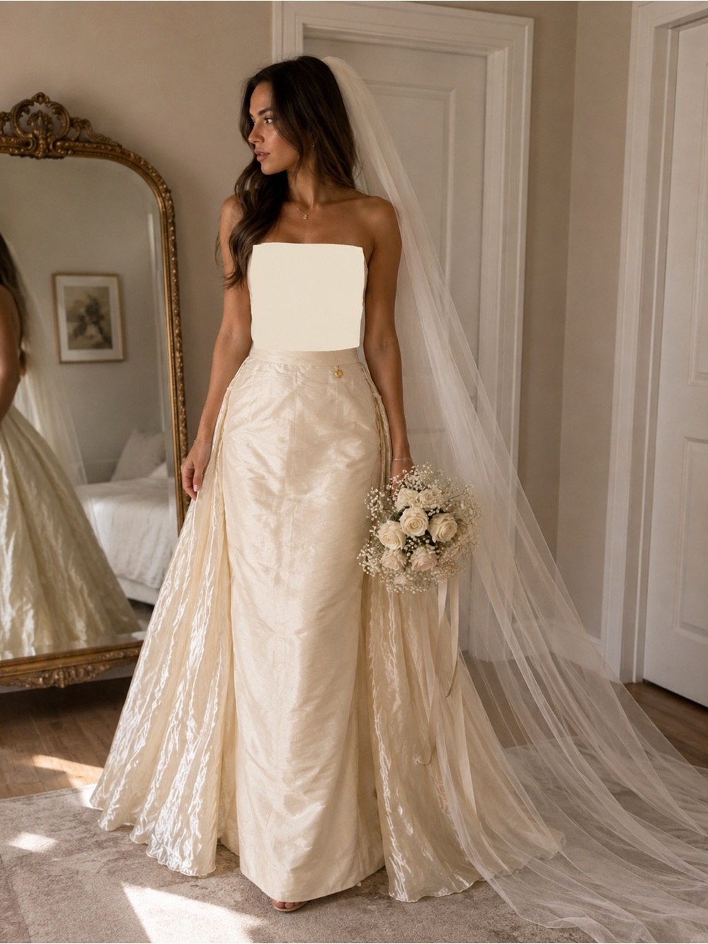 Ivory Vintage Bridal Maxi Skirt with Tulle Veil
